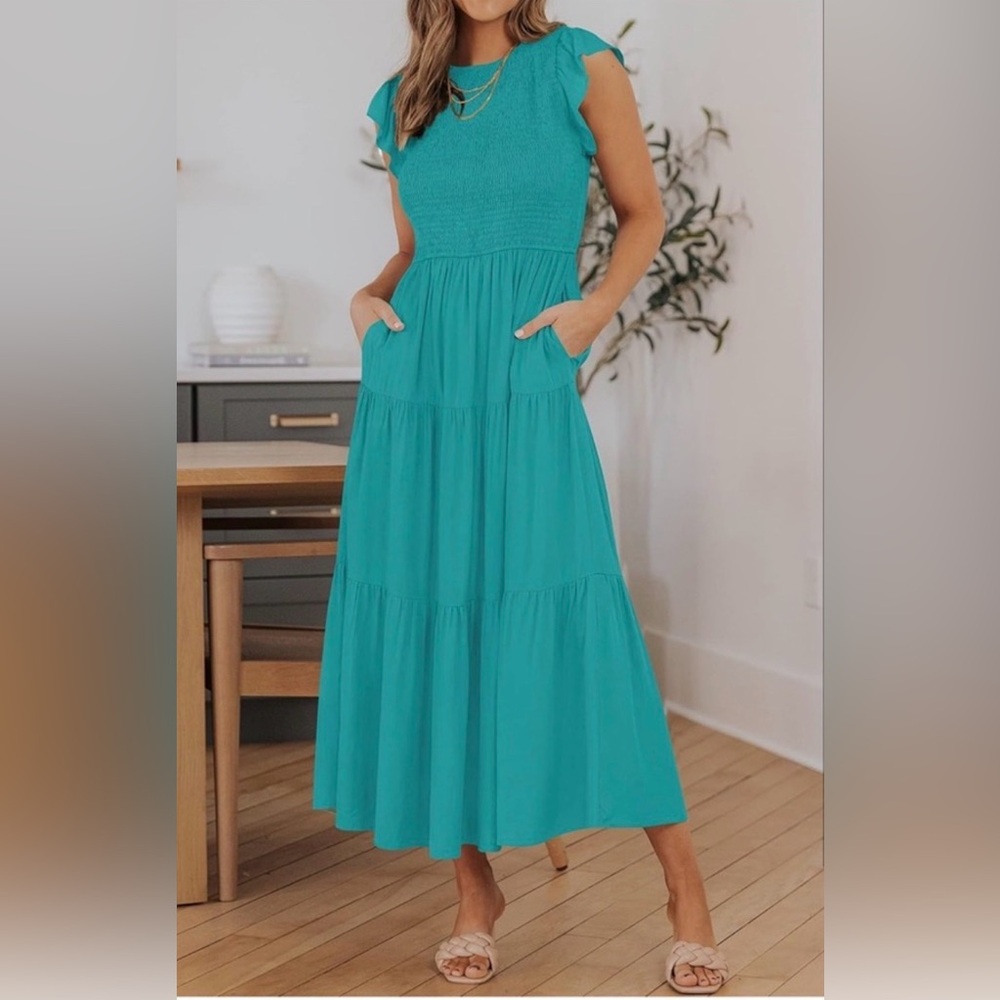 NEW • Flutter Sleeve Smocked Waist Midi Dress • Women’s Medium in Color Peacock🍉 - Picture 10 of 15
